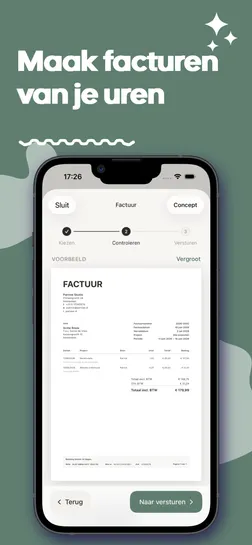 Uurwerk app screenshot: factuur maken van geregistreerde uren met factuurvoorbeeld inclusief btw en totaalbedrag