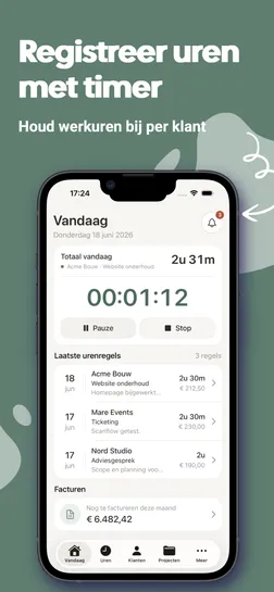 Uurwerk app screenshot: Vandaag-scherm met lopende urentimer, totaal gewerkte uren vandaag en laatste urenregels per klant