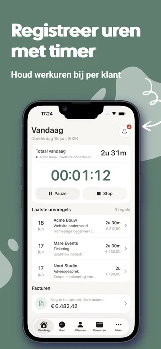 Uurwerk app screenshot: Vandaag-scherm met lopende urentimer, totaal gewerkte uren vandaag en laatste urenregels per klant
