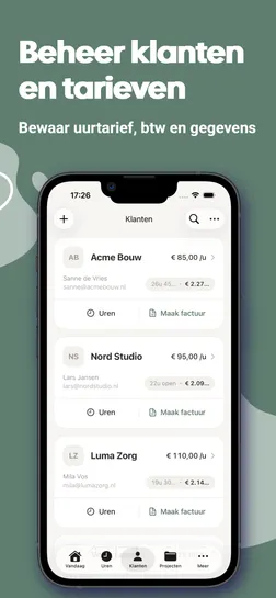 Uurwerk app screenshot: klantenlijst met uurtarief per klant, openstaande uren en knoppen voor uren en factuur maken