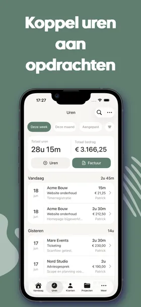 Uurwerk urenoverzicht met urenregels, klant, project, totaal uren en bedrag