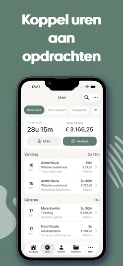 Uurwerk urenoverzicht met urenregels per klant en project