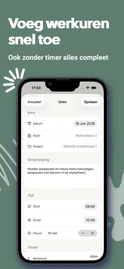 Uurwerk app screenshot: handmatig werkuren toevoegen met datum, klant, project, omschrijving, start- en eindtijd en pauze