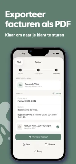 Uurwerk app screenshot: factuur exporteren als PDF en versturen naar je klant per e-mail