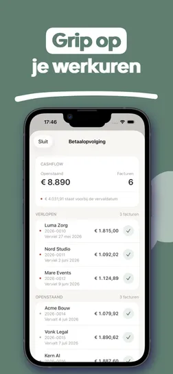 Uurwerk app screenshot: betaalopvolging met openstaand bedrag en facturen voorbij de vervaldatum