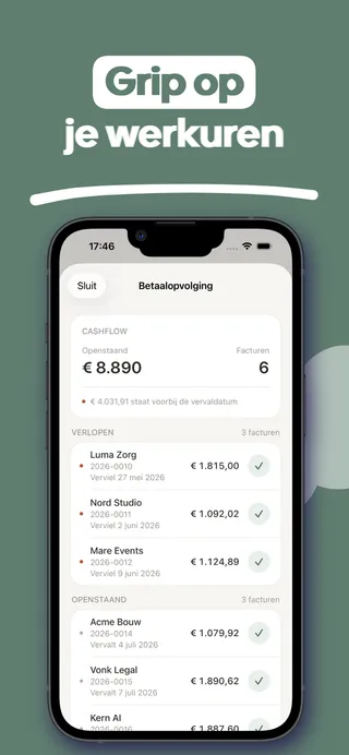 Uurwerk app screenshot: betaalopvolging met openstaand bedrag en facturen voorbij de vervaldatum