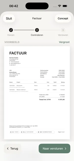 Factuur controleren in Uurwerk met factuurvoorbeeld inclusief urenregels, btw en totaalbedrag