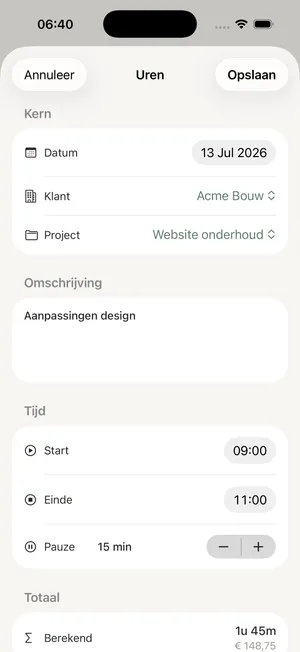 Handmatig uren registreren in Uurwerk met datum, klant, project, omschrijving, start- en eindtijd en pauze