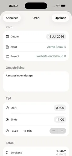 Handmatige ureninvoer in Uurwerk met starttijd, eindtijd, pauze en omschrijving